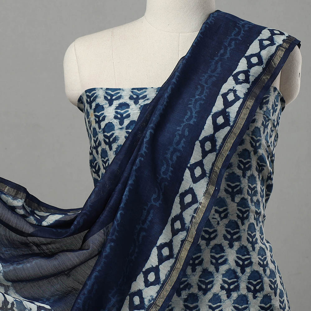 Blue - 3pc Chanderi Silk Indigo Bagru Print Dress Material 09