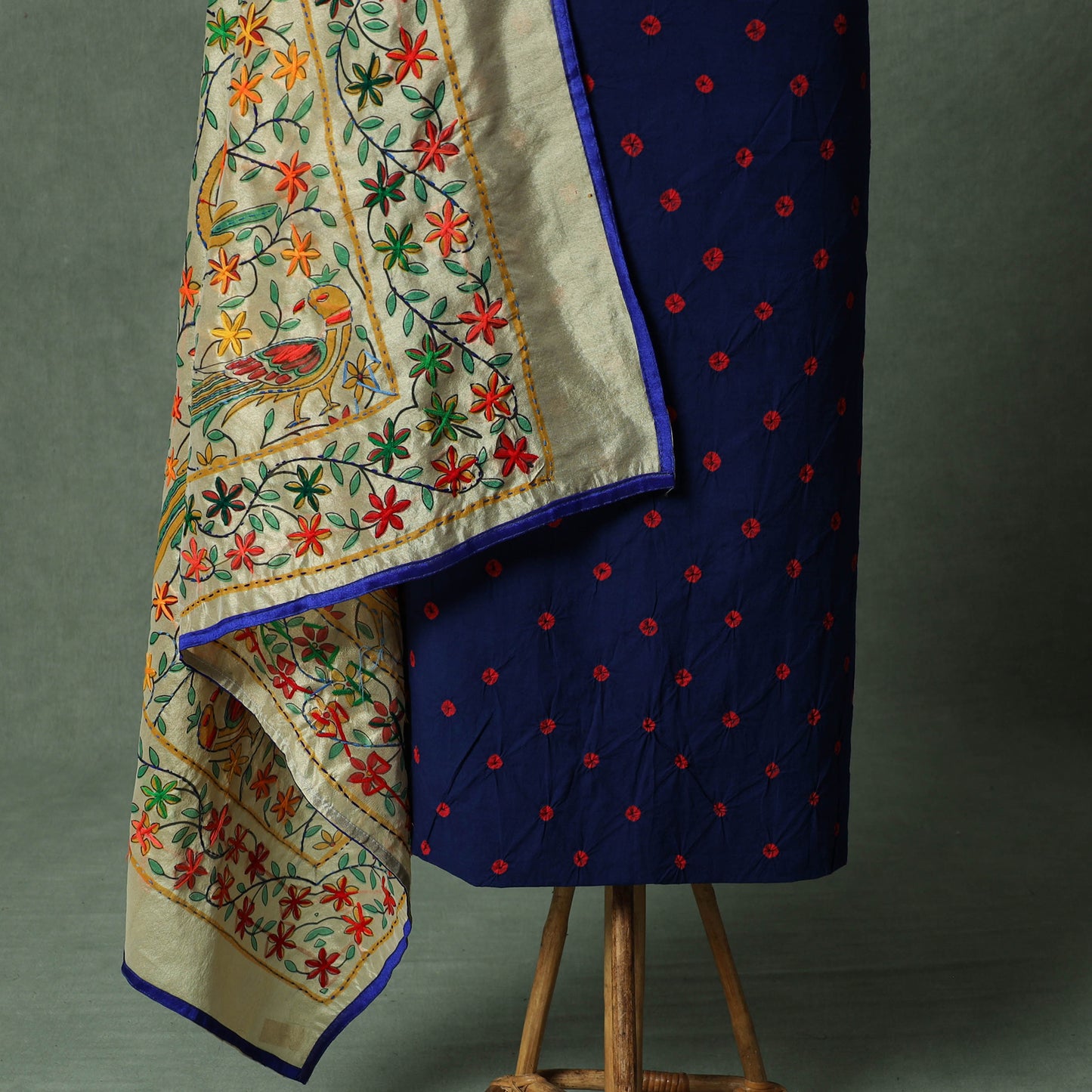 Kutch Bandhani Tie-Dye Cotton 2pc Unstitched Dress Material Kurta Set with Jewellery 28
