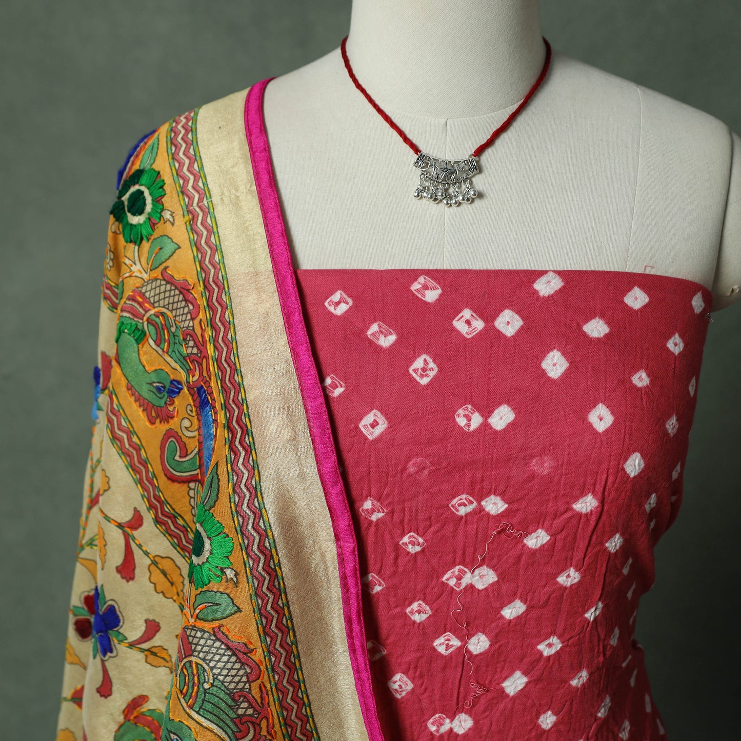Kutch Bandhani Tie-Dye Cotton 2pc Unstitched Dress Material Kurta Set with Jewellery 29