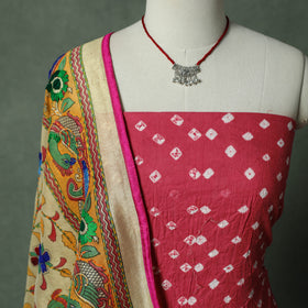 Kutch Bandhani Tie-Dye Cotton 2pc Unstitched Dress Material Kurta Set with Jewellery 29