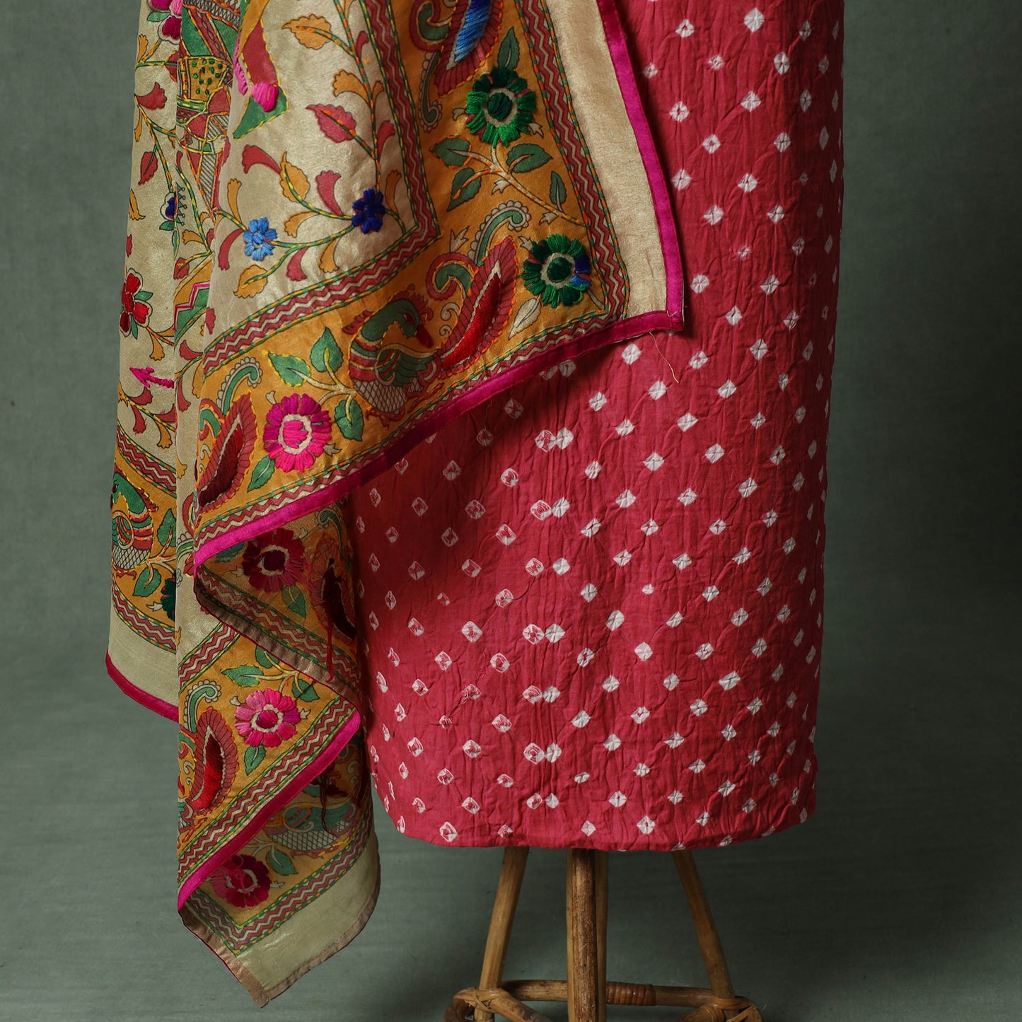 Kutch Bandhani Tie-Dye Cotton 2pc Unstitched Dress Material Kurta Set with Jewellery 29