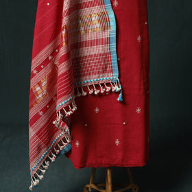 Red - Kutch Bhujodi Handloom Kala Cotton 3pc Unstitched Dress Material Suit Set 09