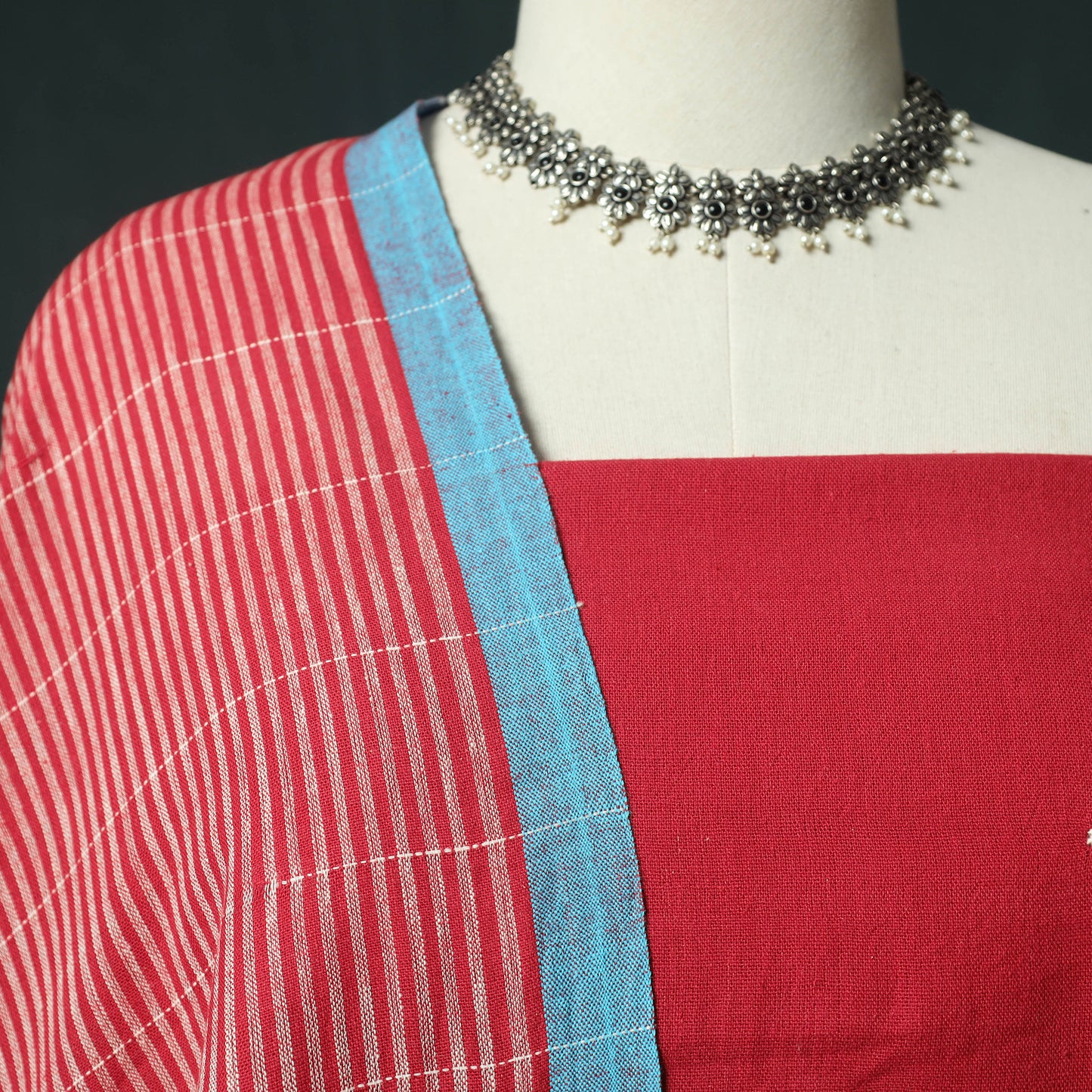 Red - Kutch Bhujodi Handloom Kala Cotton 3pc Unstitched Dress Material Suit Set 09