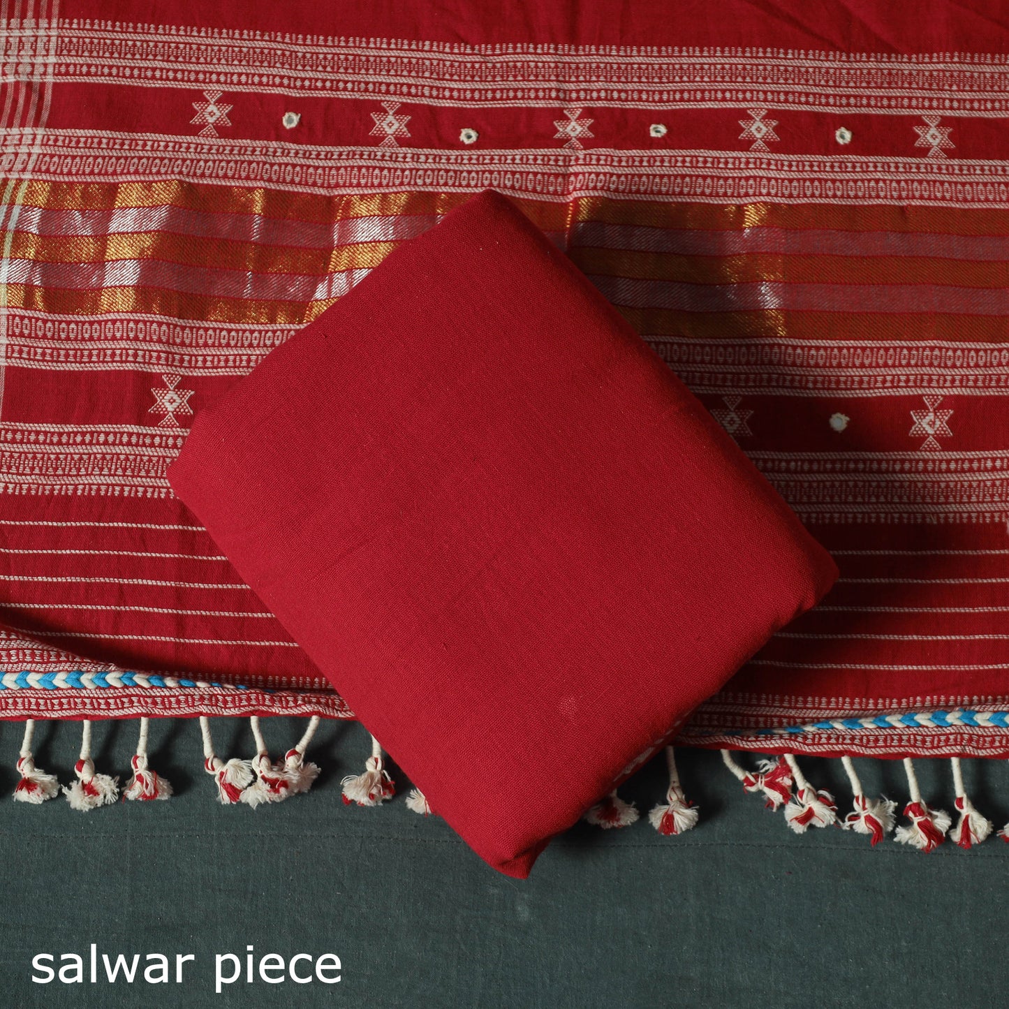 Red - Kutch Bhujodi Handloom Kala Cotton 3pc Unstitched Dress Material Suit Set 09