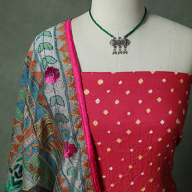Kutch Bandhani Tie-Dye Cotton 2pc Unstitched Dress Material Kurta Set with Jewellery 32