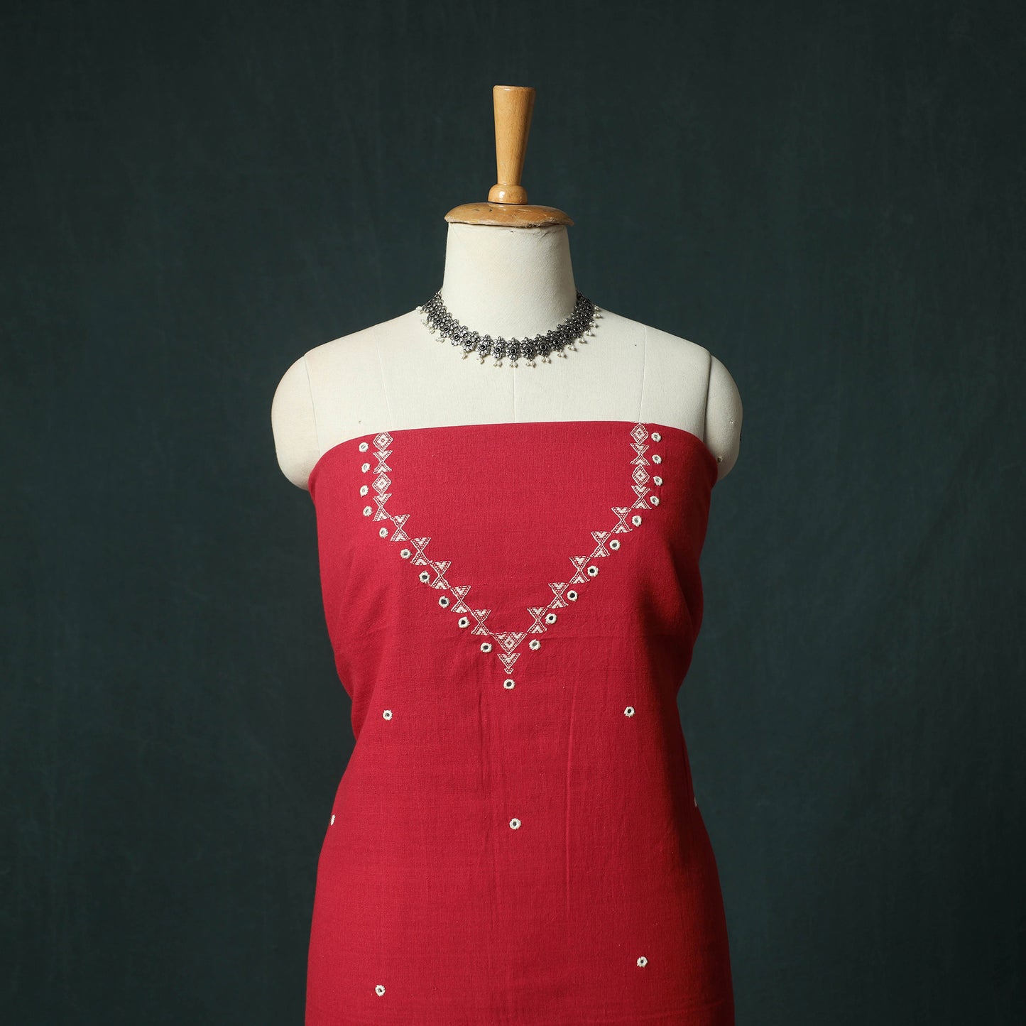 Red - Kutch Bhujodi Handloom Kala Cotton 3pc Unstitched Dress Material Suit Set 07