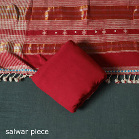 Red - Kutch Bhujodi Handloom Kala Cotton 3pc Unstitched Dress Material Suit Set 07