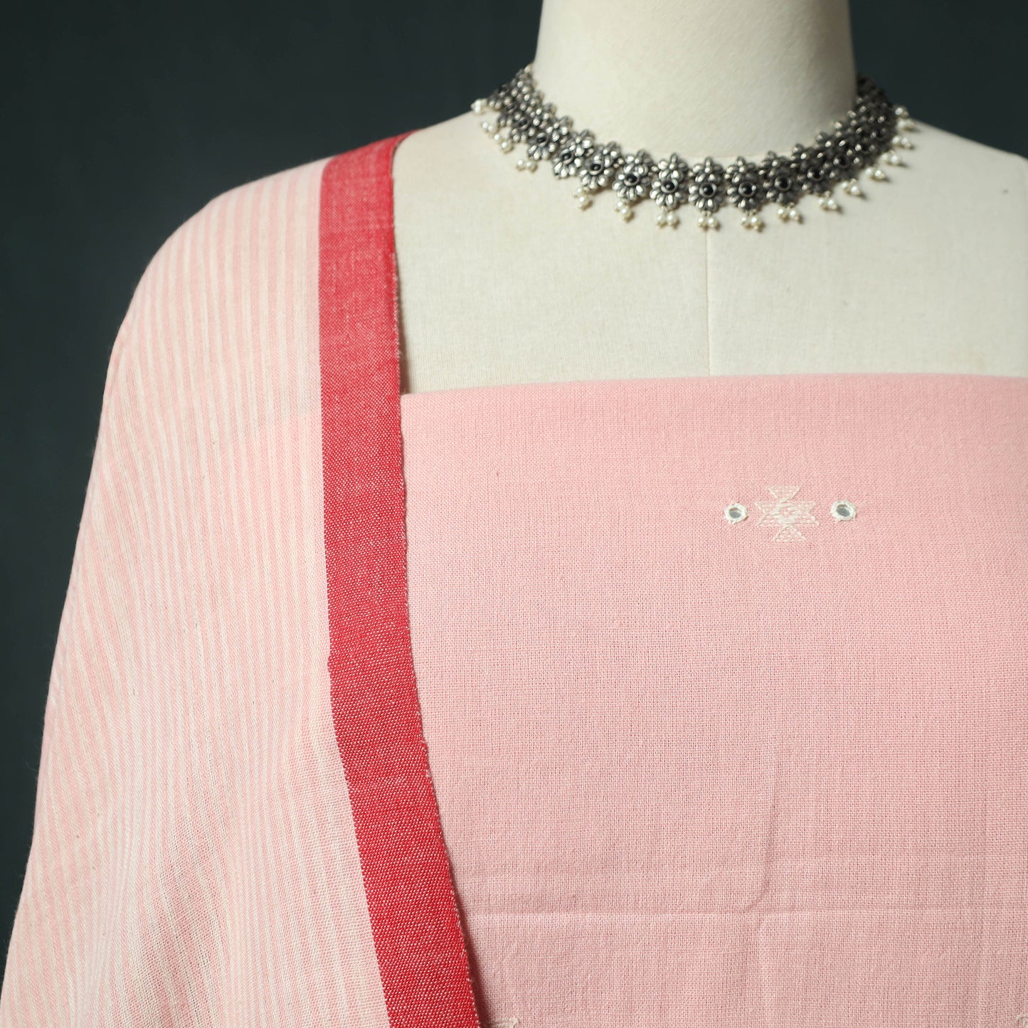 Pink - Kutch Bhujodi Handloom Kala Cotton 3pc Unstitched Dress Material Suit Set 06