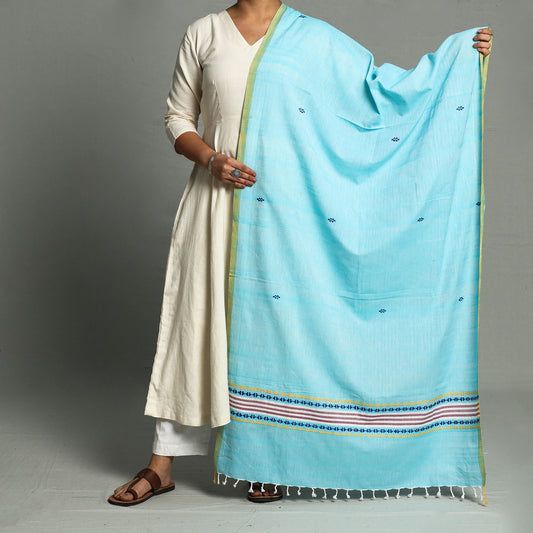 Blue - Assam Weave Handloom Cotton Thread Buti Dupatta with Tassels