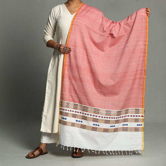 Pink - Assam Weave Handloom Cotton Thread Buti Dupatta with Tassels