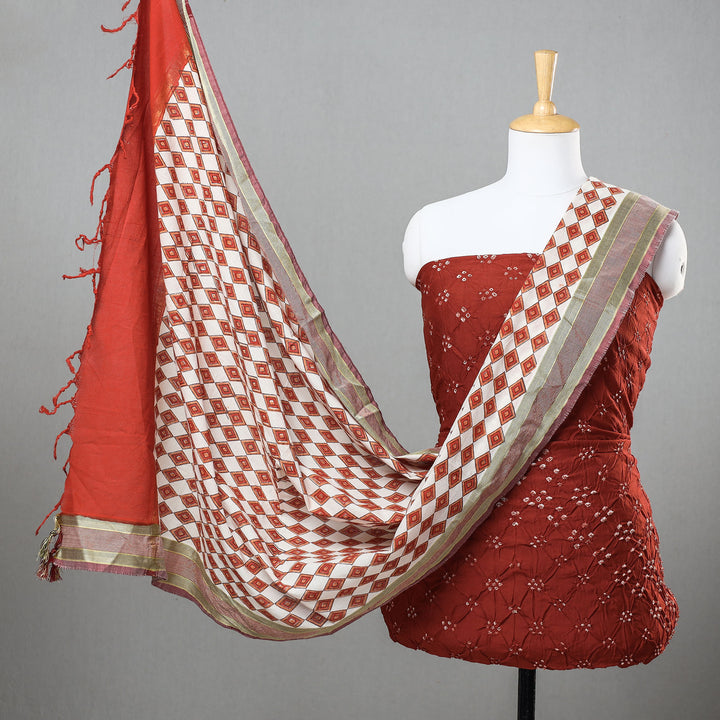 Red - Kutch Tie-Dye Bandhani Modal Silk 3pc Unstitched Dress Material 56