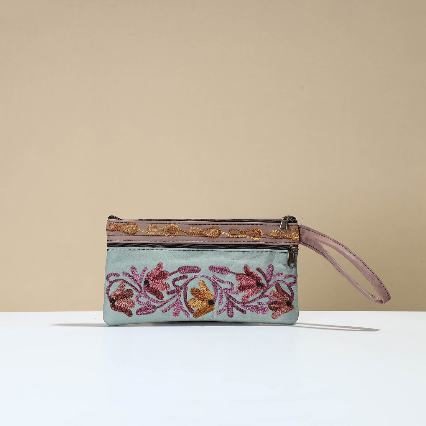 Crewel Embroidery Leather Clutch