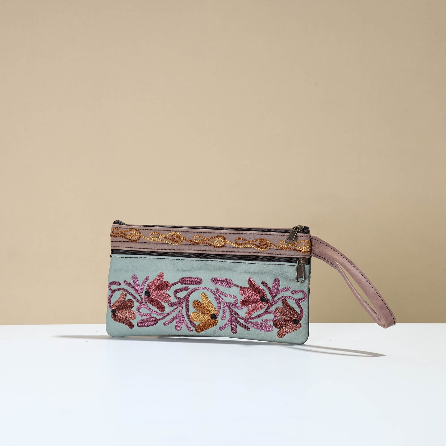 Crewel Embroidery Leather Clutch