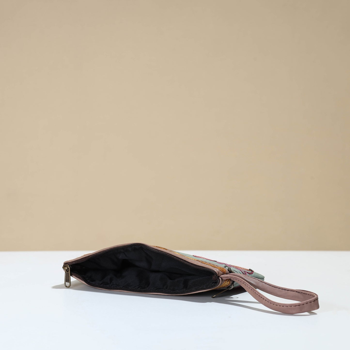 Crewel Embroidery Leather Clutch