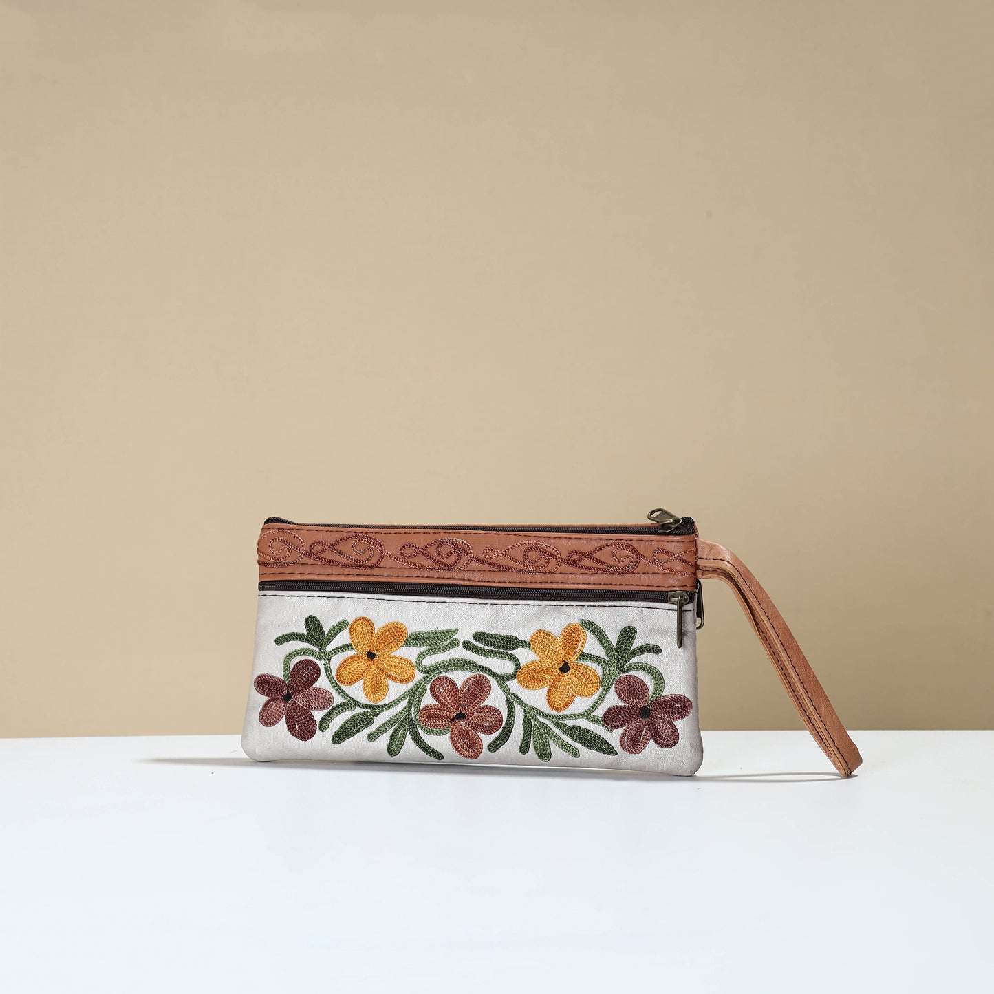 Crewel Embroidery Leather Clutch 