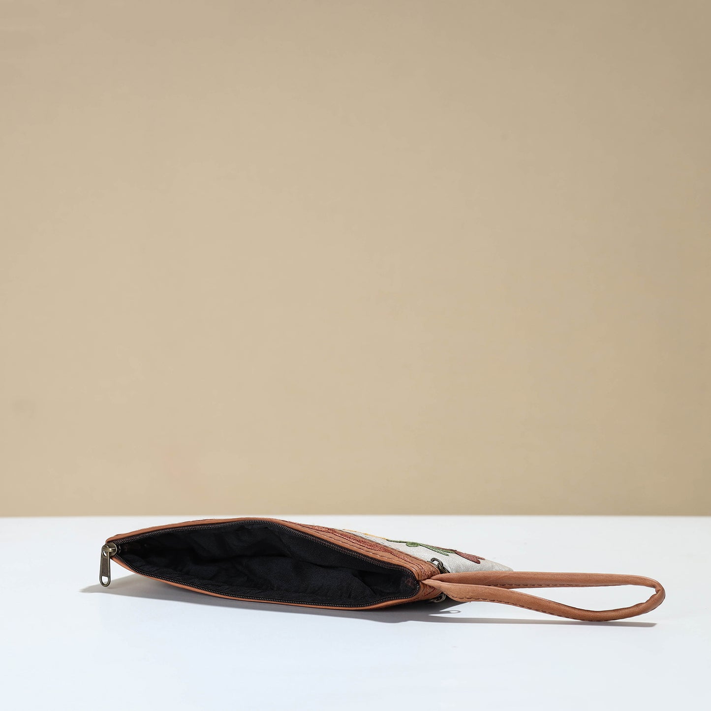 Crewel Embroidery Leather Clutch 