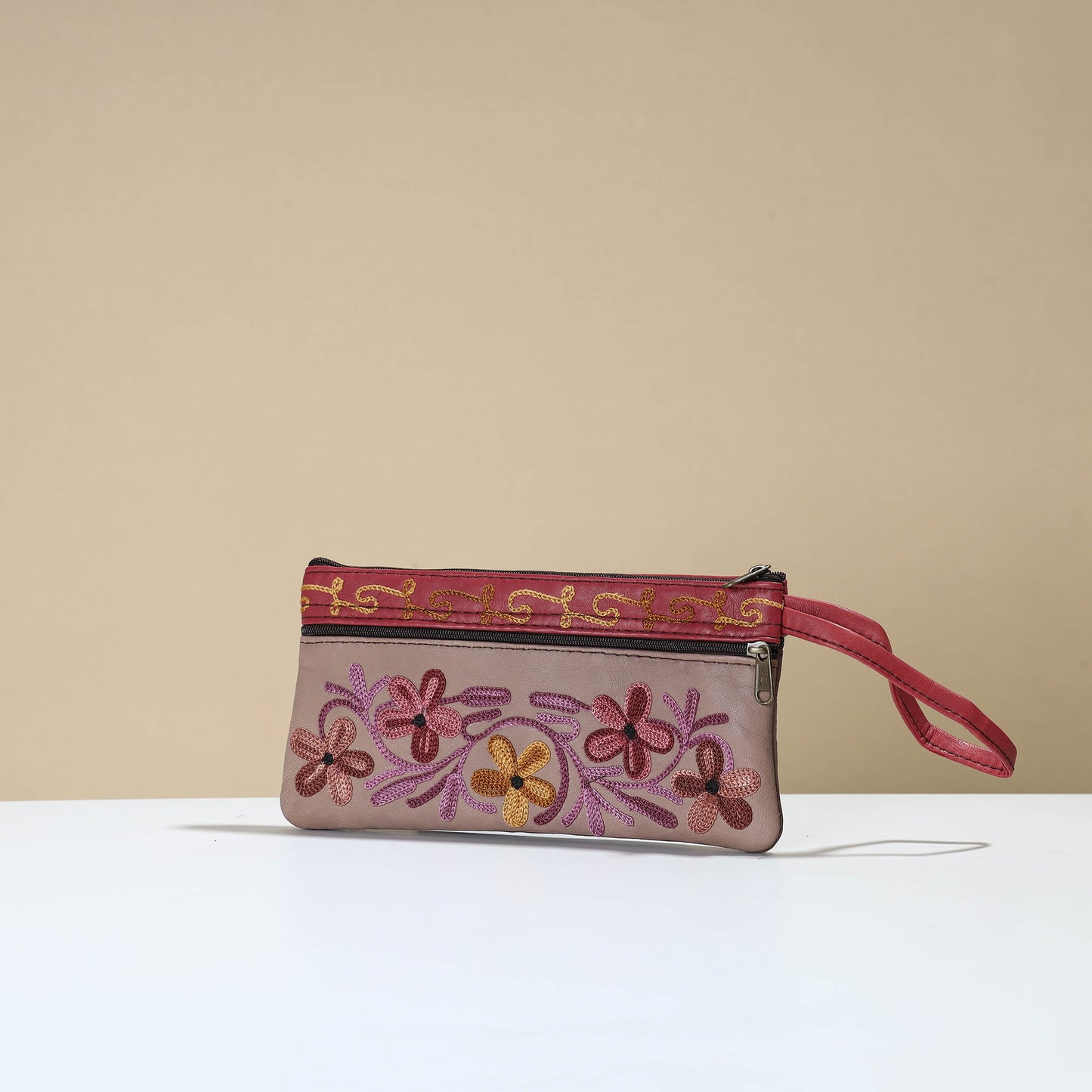 Crewel Embroidery Leather Clutch