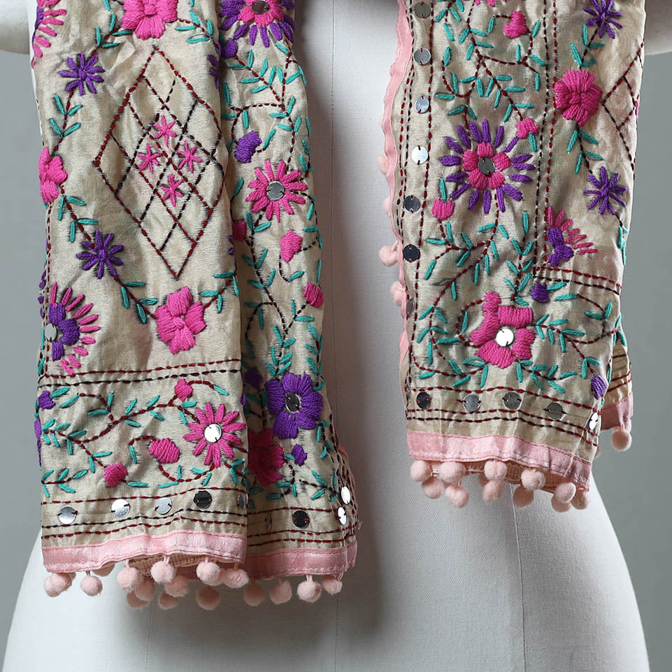 Pink - Ranihati Chanderi Silk Phulkari Embroidered Stole 19