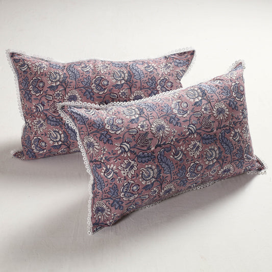 Sanganeri Block Printed Cotton Pillow Cover with Lace (28 x 18 in) - Set of 2