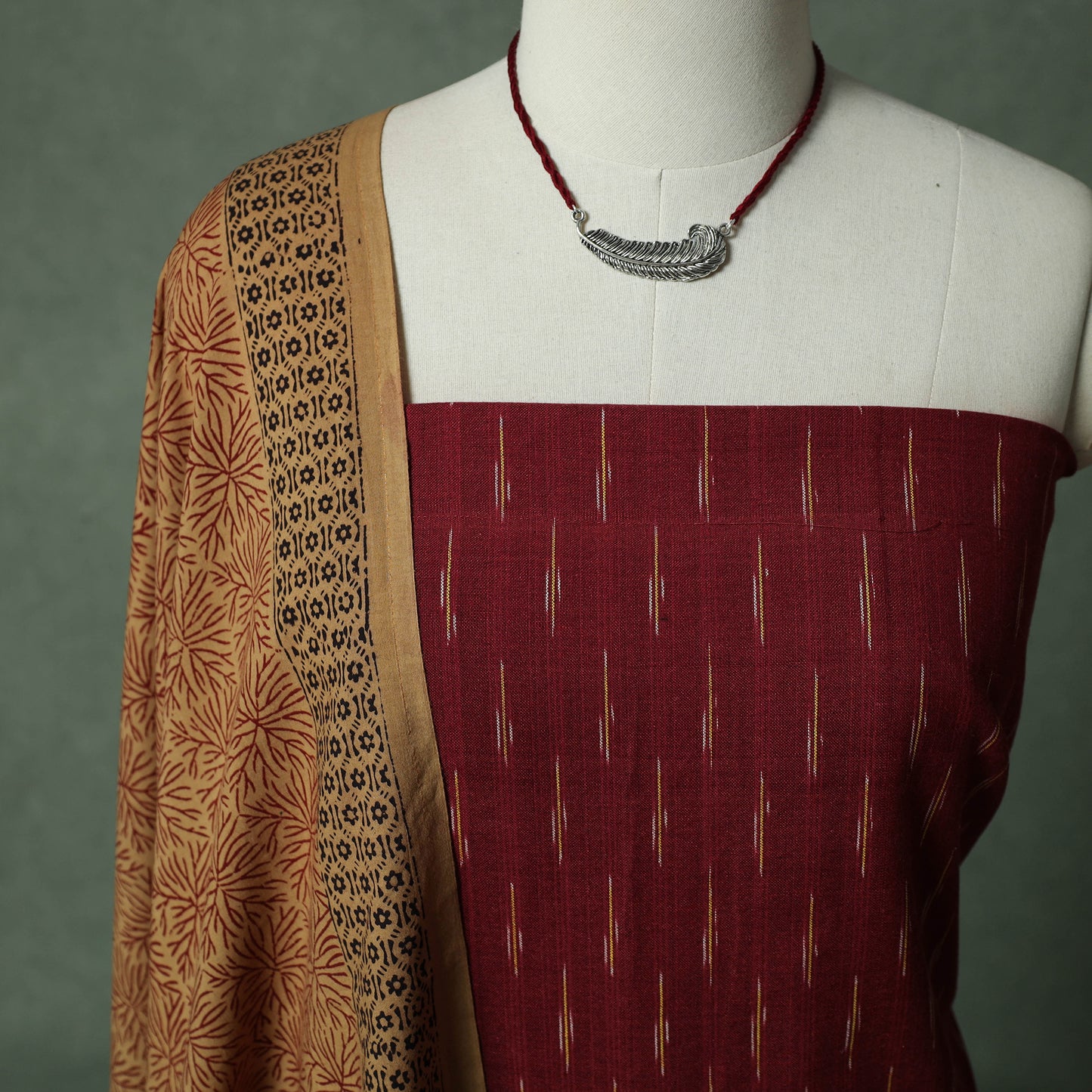 Pochampally Ikat Weave Cotton 2pc Unstitched Dress Material Kurta Set with Jewellery 07
