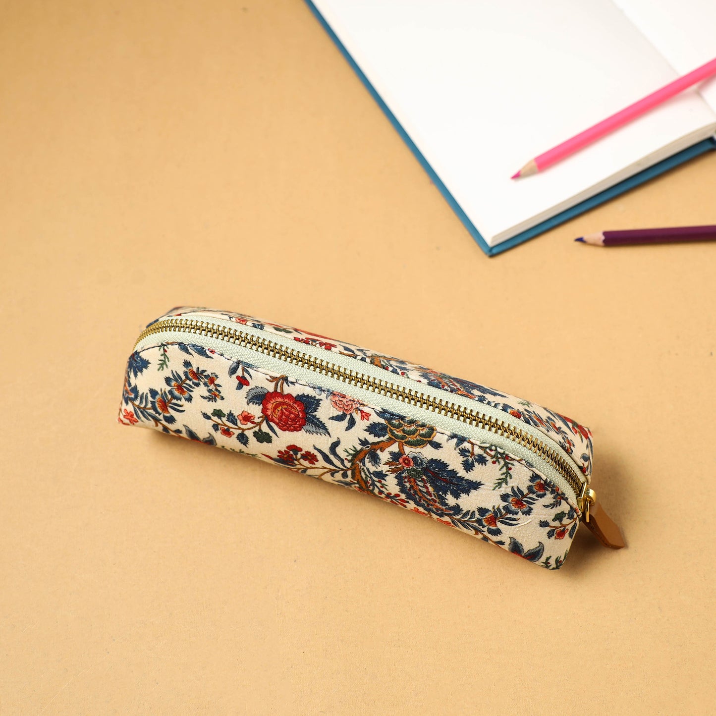 Beige - Floral Print Handcrafted Pencil Pouch 42