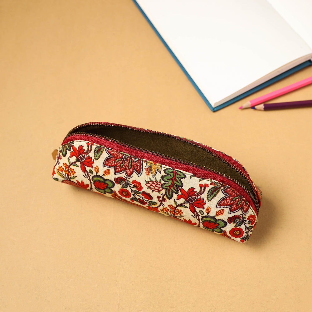 Beige - Floral Print Handcrafted Pencil Pouch 43