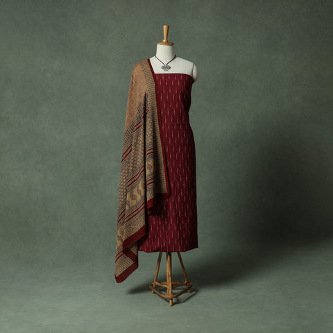 Pochampally Ikat Weave Cotton 2pc Unstitched Dress Material Kurta Set with Jewellery 08