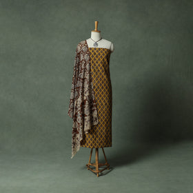 Bagru Hand Block Print Cotton 2pc Unstitched Dress Material Kurta Set with Jewellery 09