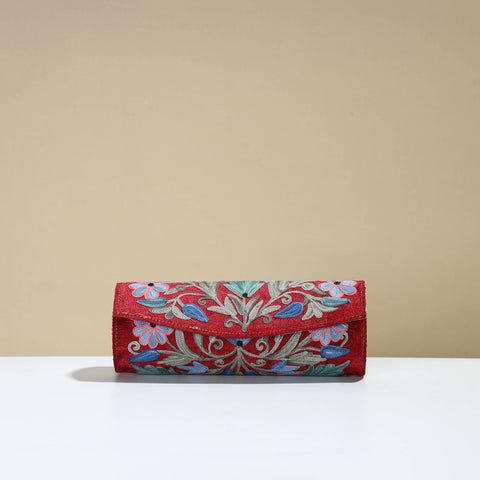 Red - Kashmiri Crewel Hand Embroidery Velvet Clutch 28