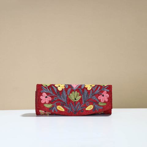 Maroon - Kashmiri Crewel Hand Embroidery Velvet Clutch 30