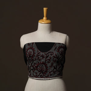 Black - Bengal Kantha Hand Embroidered Cotton Blouse Piece 50