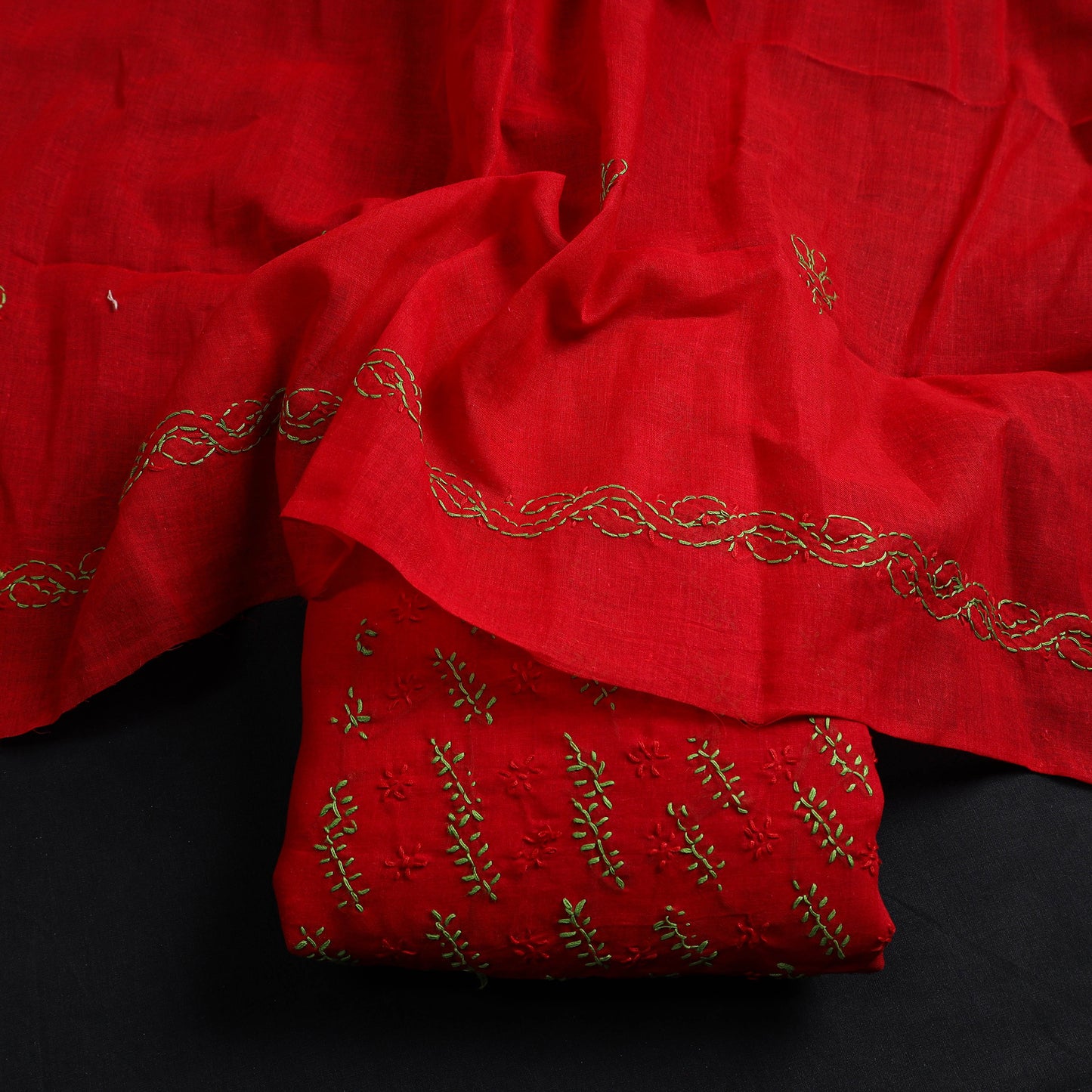 Red - 3pc Cotton Embroidery Lucknow Chikankari Suit Material 06