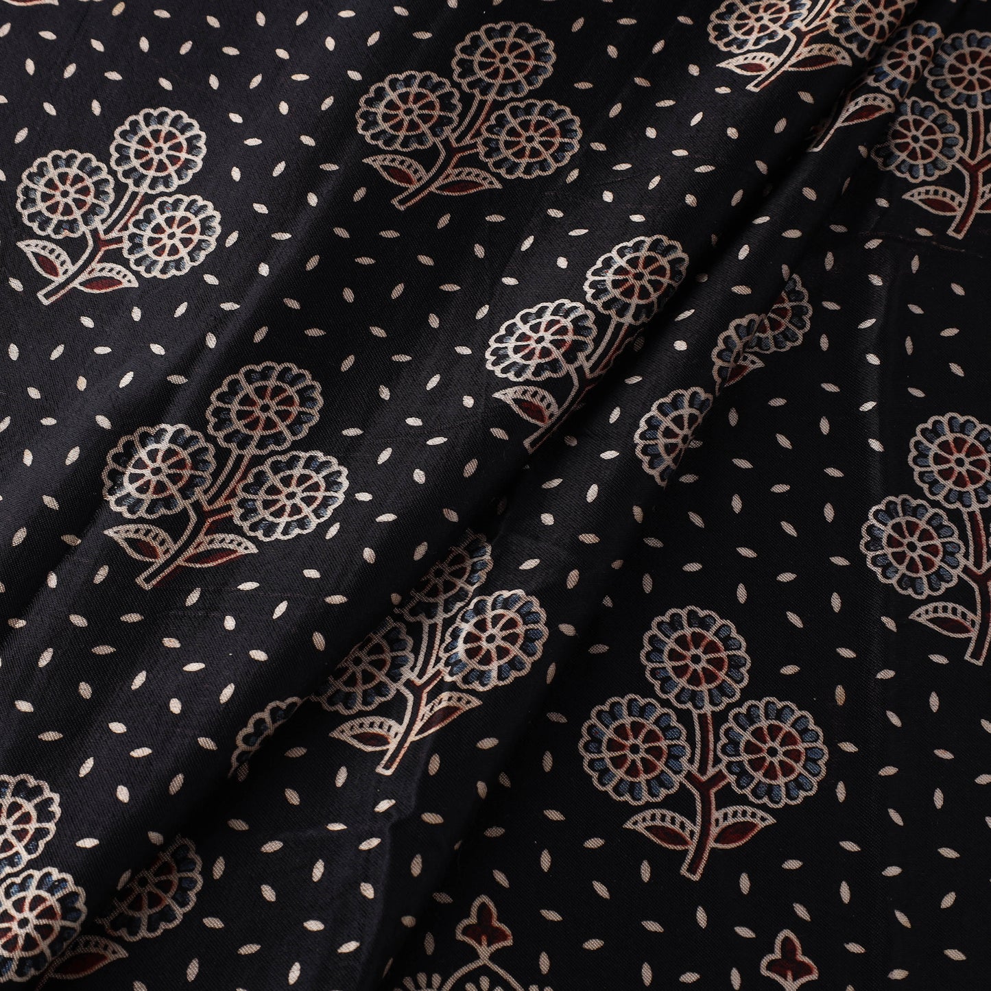 Black Natural Dyed Mashru Silk Ajrakh Print Fabric