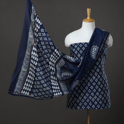 Blue - 3pc Chanderi Silk Bagru Print Dress Material 03