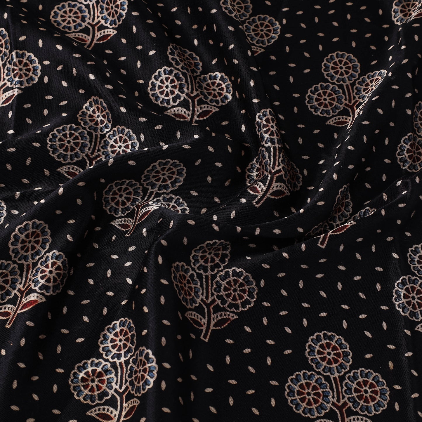 Black Natural Dyed Mashru Silk Ajrakh Print Fabric