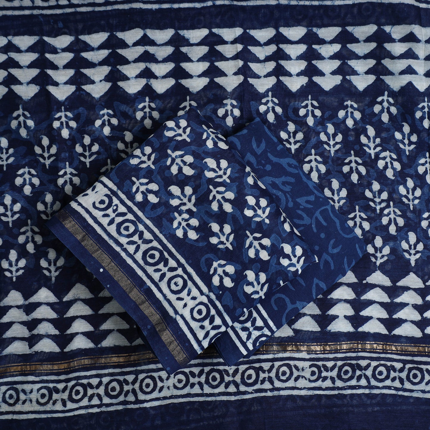 Blue - 3pc Chanderi Silk Bagru Print Dress Material 03