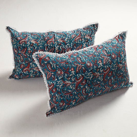 Sanganeri Block Printed Cotton Pillow Cover with Lace (28 x 18 in) - Set of 2