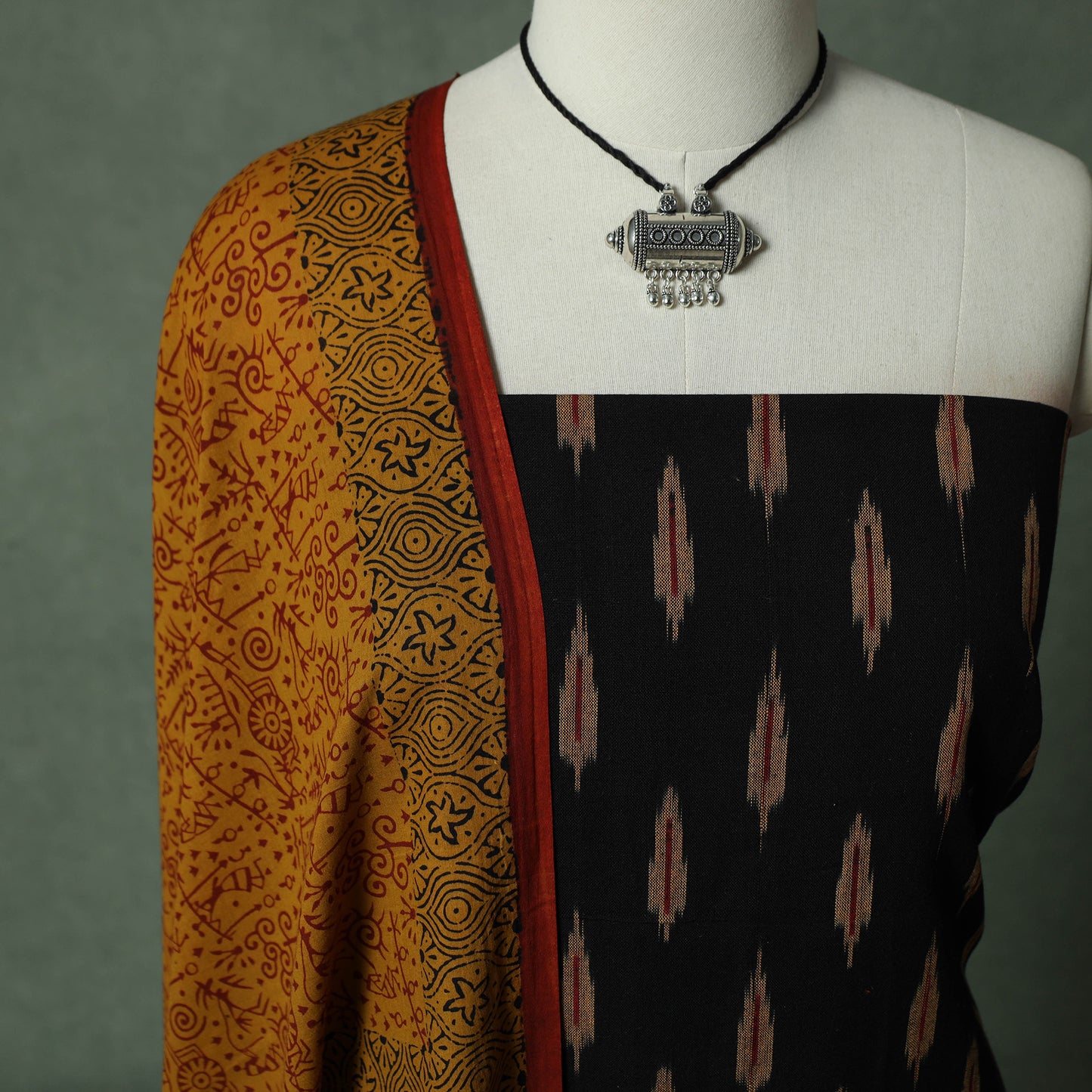 Pochampally Ikat Weave Cotton 2pc Unstitched Dress Material Kurta Set with Jewellery 17