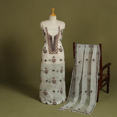 2pc White Hand Embroidery Chanderi Silk Chikankari Dress Material