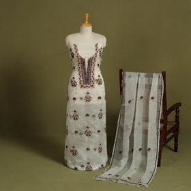 2pc White Hand Embroidery Chanderi Silk Chikankari Dress Material