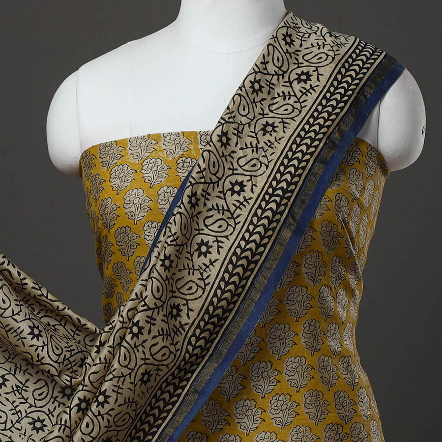 Yellow - 3pc Chanderi Silk Bagru Print Dress Material 09