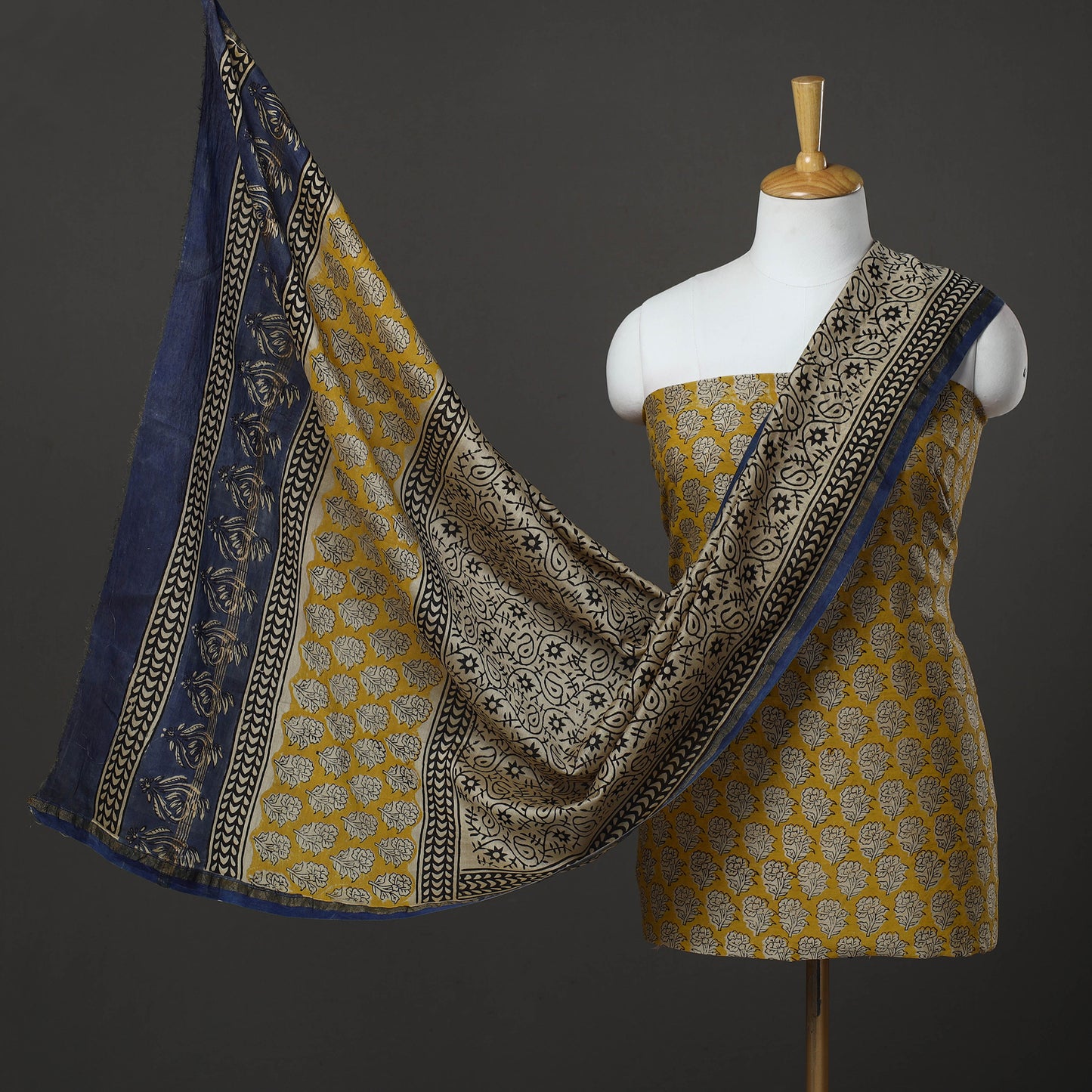 Yellow - 3pc Chanderi Silk Bagru Print Dress Material 09