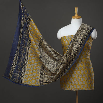 Yellow - 3pc Chanderi Silk Bagru Print Dress Material 09