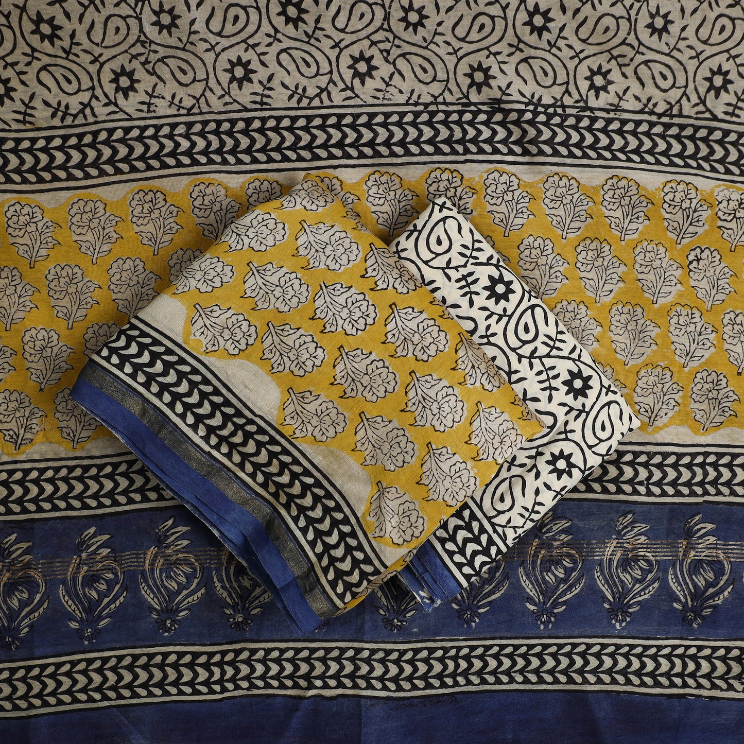 Yellow - 3pc Chanderi Silk Bagru Print Dress Material 09