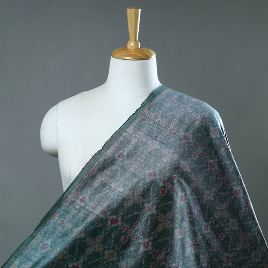 Green - Pochampally Ikat Weave Handloom Pure Raw Silk Fabric 14