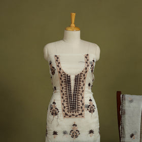 2pc White Hand Embroidery Chanderi Silk Chikankari Dress Material
