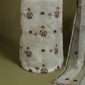 2pc White Hand Embroidery Chanderi Silk Chikankari Dress Material