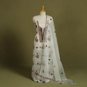 2pc White Hand Embroidery Chanderi Silk Chikankari Dress Material