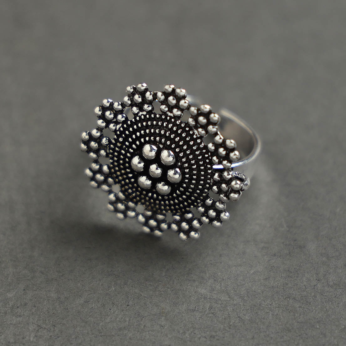 Antique Finish Oxidised White Metal Ring 21