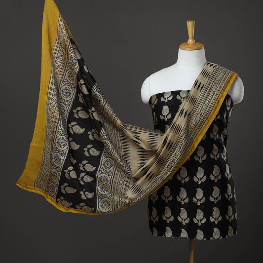 Black - 3pc Chanderi Silk Bagru Print Dress Material 13